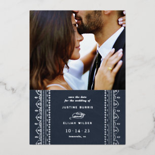 Foil Ornate Frame Save the Date Card - Navy