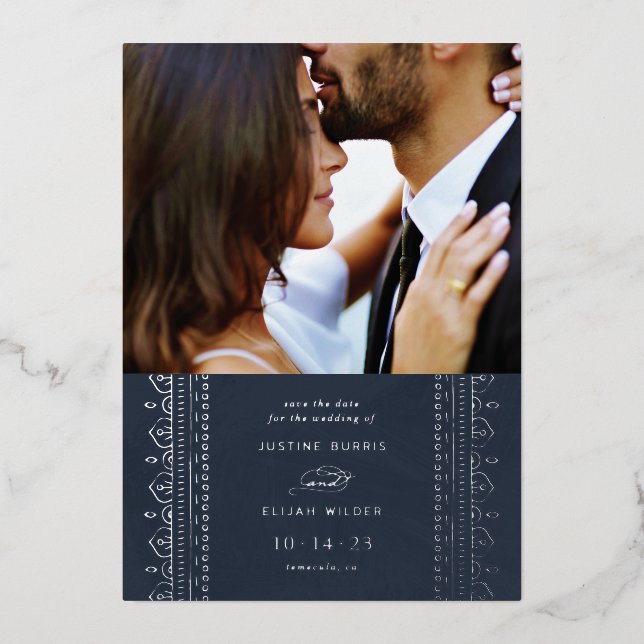 Foil Ornate Frame Save the Date Card - Navy (Front)