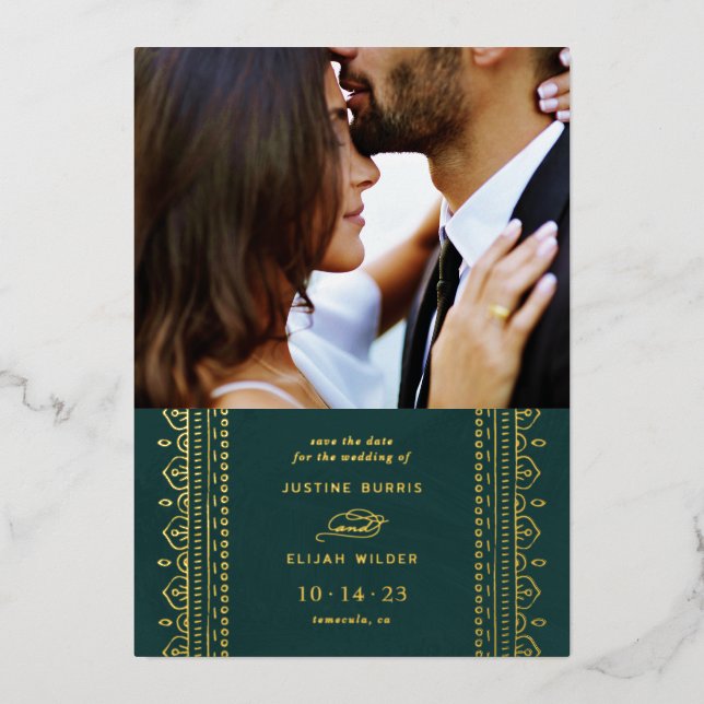 Foil Ornate Frame Save the Date Card - Teal (Front)
