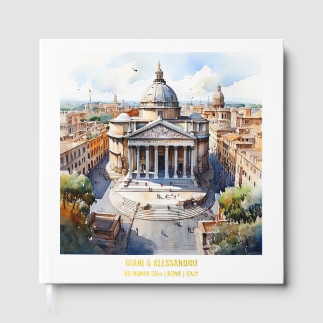 Foil Pantheon watercolor Rome wedding couples Guest Book (Front)