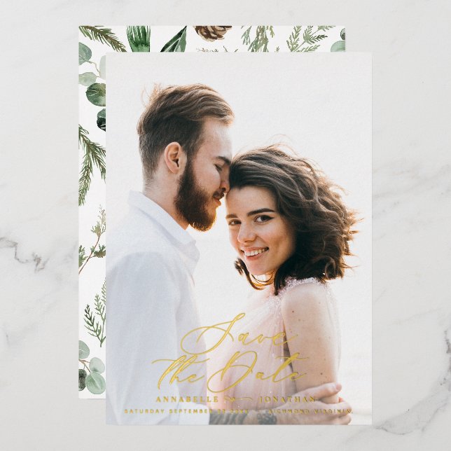 foil photo elegant script watercolor botanical  (Front/Back)