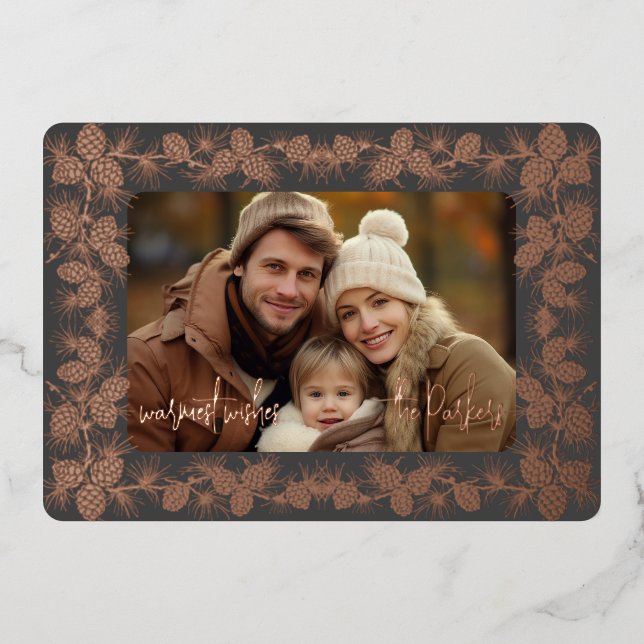 Foil Pinecone Holiday Photo Card- charcoal (Front)