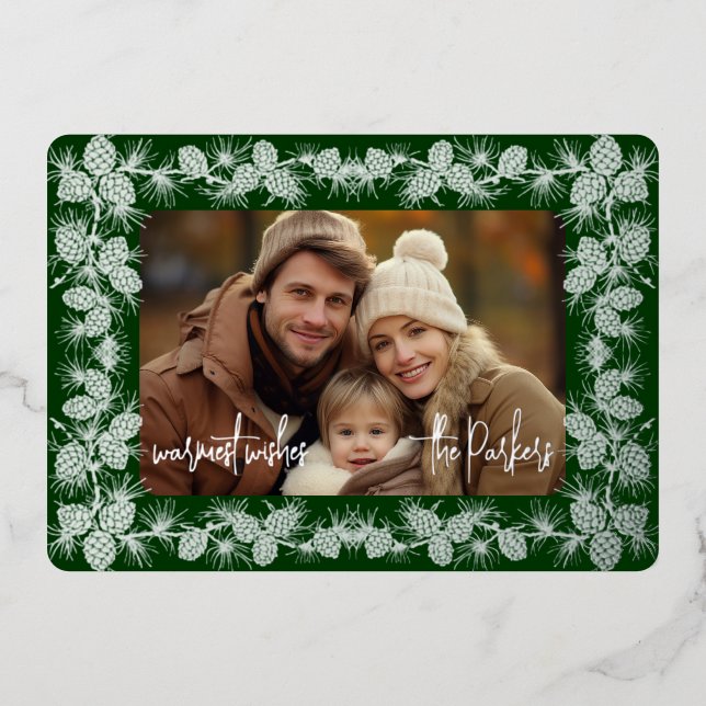 Foil Pinecone Holiday Photo Card- fir green (Front)