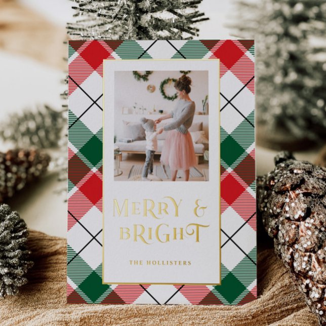 Foil Plaid Merry & Bright Holiday Photo Card (Creator Uploaded)