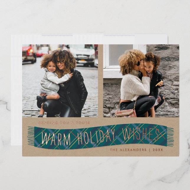Foil Plaid Winter Scarf Holiday Photo Card - Green (Envelope)