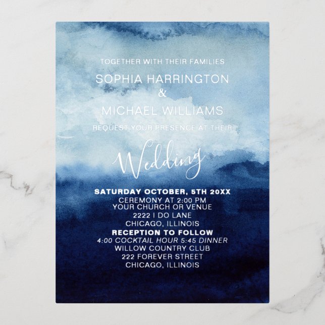 Foil Postcard Blue Watercolor Invitation Template (Front)