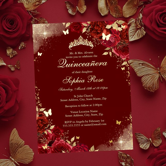 Foil Red Gold Butterfly Floral Quinceanera (Creator Uploaded)