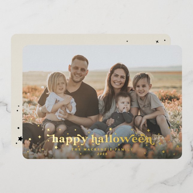 Foil Retro Font + Stars Happy Halloween Photo Card (Front/Back)