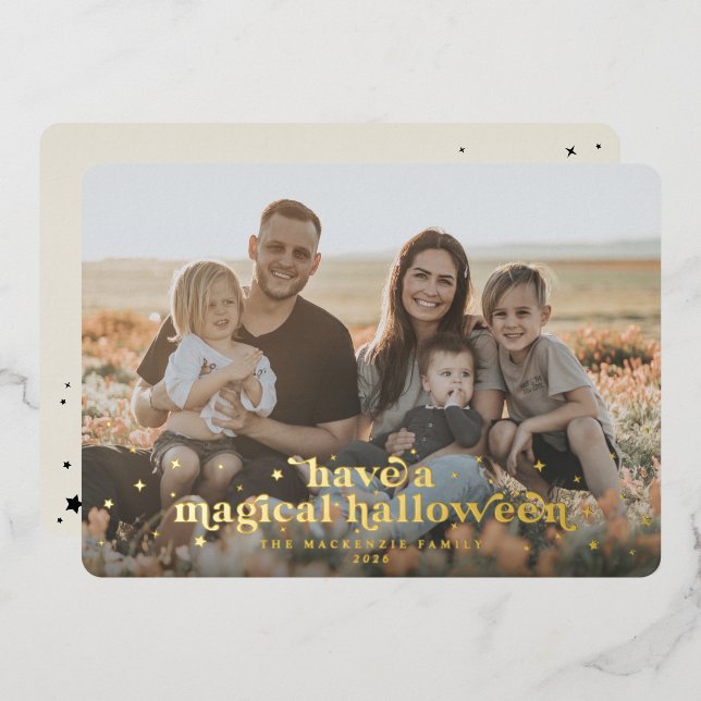 Foil Retro Font+Stars Magical Halloween Photo Card (Front/Back)