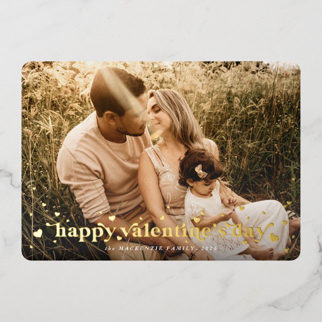 Foil Retro Hearts Happy Valentine's Day Photo Card (Front)