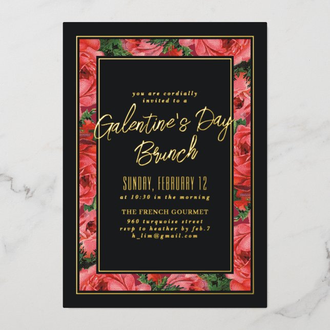 Foil Rose Frame Galentine's Day Invitation - Black (Front)