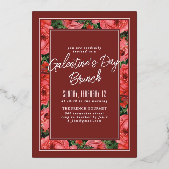 Foil Rose Frame Galentine's Day Invitation -Maroon (Front)