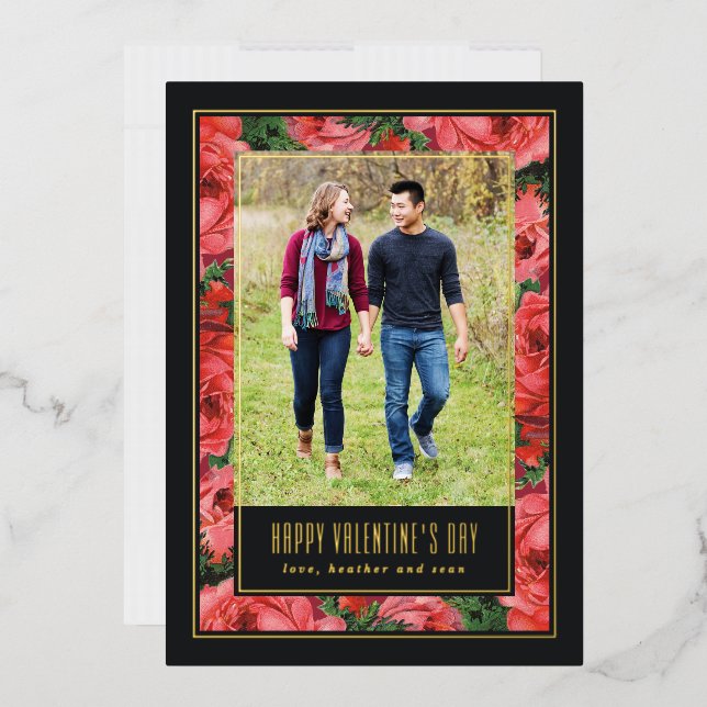 Foil Rose Frame Valentine's Day Photo Card - Black (Envelope)
