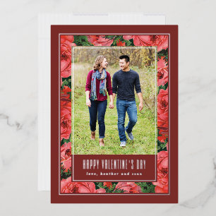 Foil Rose Frame Valentine's Day Photo Card -Maroon