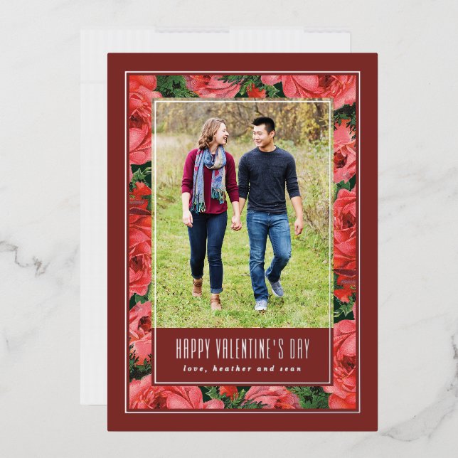 Foil Rose Frame Valentine's Day Photo Card -Maroon (Envelope)