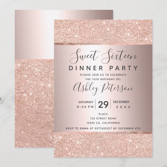 Foil rose gold glitter typography Sweet Sixteen Invitation (Front/Back)