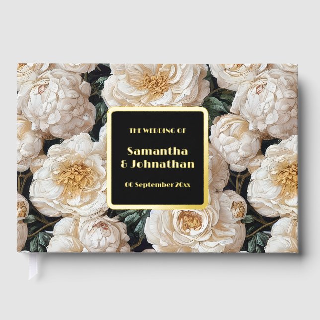 Foil rose rococo floral pattern gold white wedding guest book (Front)