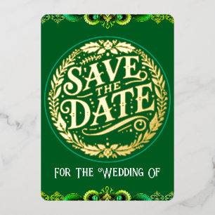 Foil Save The Date Card in Gold and Green