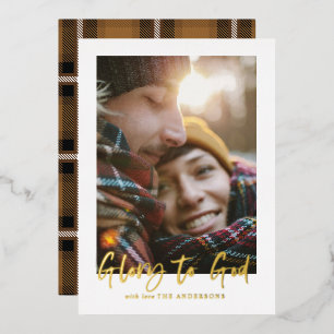 foil script glory to god mustard tartan photo foil holiday card