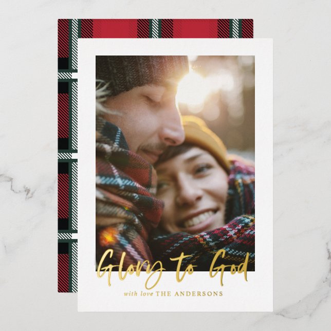 foil script glory to god red tartan photo  foil holiday card (Front/Back)