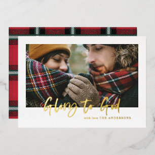 foil script glory to god red tartan photo foil holiday card