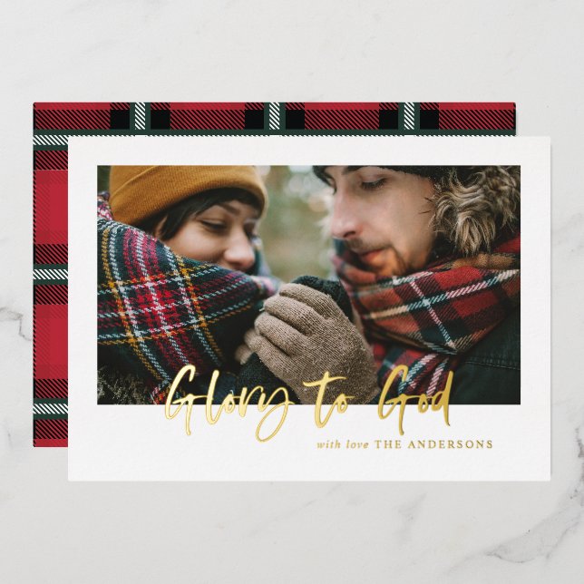foil script glory to god red tartan photo holiday card (Front/Back)