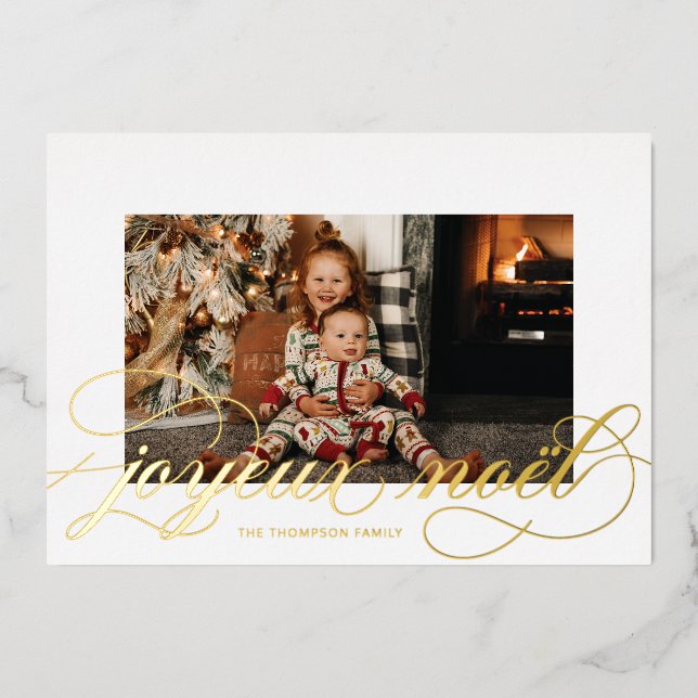 Foil Script Joyeux Noel Christmas Photo Card (Front)