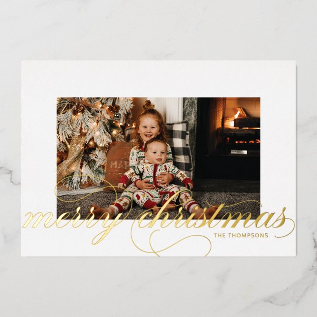 Foil Script Merry Christmas Elegant Photo Card (Front)