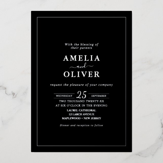 Foil Silver Black Timeless Minimalist Wedding (Front)