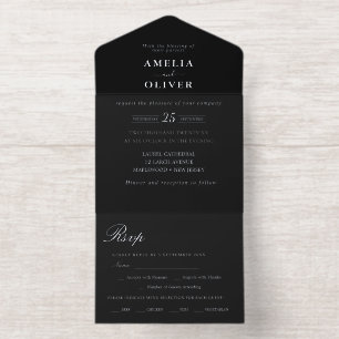 Foil Silver Black Typography Wedding Minimalist All In One Invitation