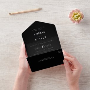 Foil Silver QR Code Dark Black Typographic Wedding All In One Invitation