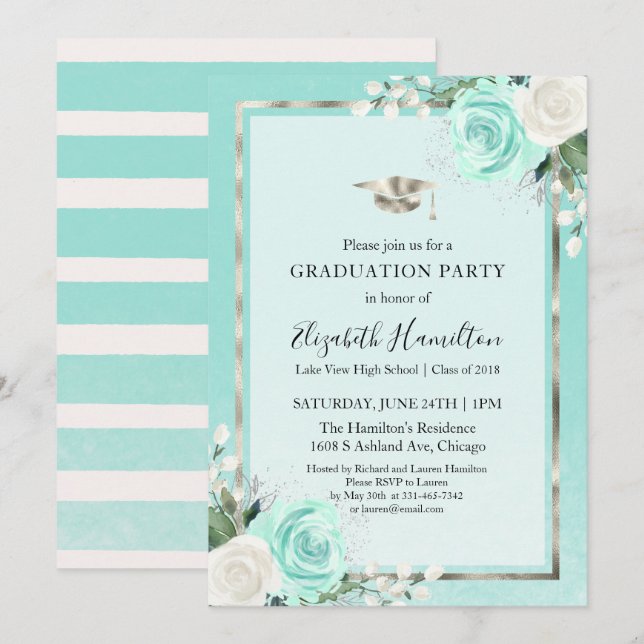 Foil Silver & Teal Modern Floral Graduation Party Invitation (Front/Back)