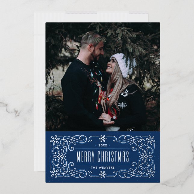 Foil Snowflake Flourish Frame Card - Blue (Envelope)