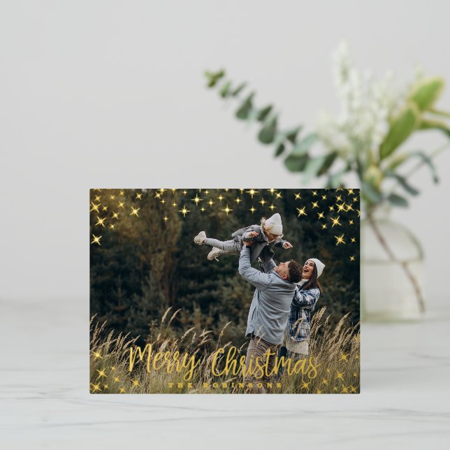 Foil Stars Modern Script 2 Photo Sparkly Christmas Foil Holiday Postcard (Standing Front)