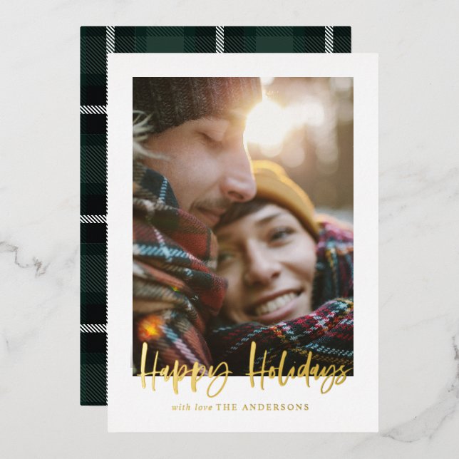 foil stylish green and blue tartan check photo  foil holiday card (Front/Back)
