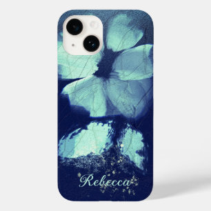 Foil Torquoise Floral Navy Blue Script Monogram Case-Mate iPhone 14 Case