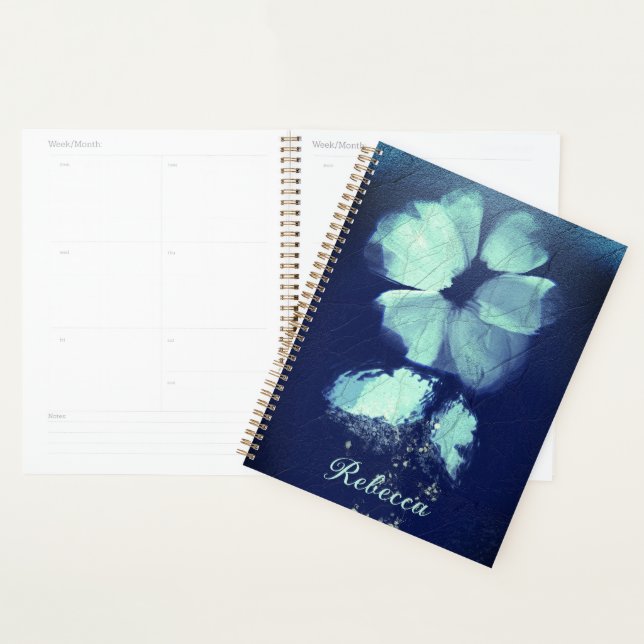 Foil Torquoise Floral Navy Blue Script Monogram Planner (Display)