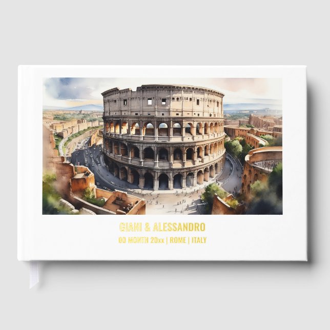 Foil watercolor Colosseum Rome wedding couples Guest Book (Front)