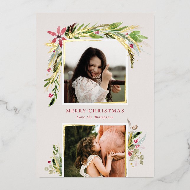 Foil Watercolor Winter Greenery Holiday Photo Card (Front)