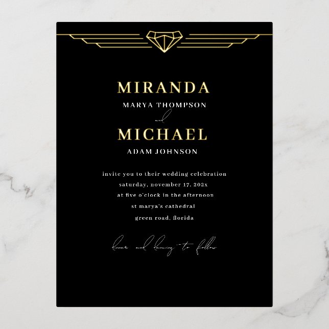 Foil Wedding Black Modern Invitation (Front)