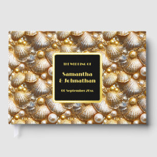 Foil wedding   shell nautical beach pattern gold guest book