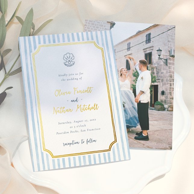 Foil Whimsical Retro Blue Stripes Wedding (Creator Uploaded)