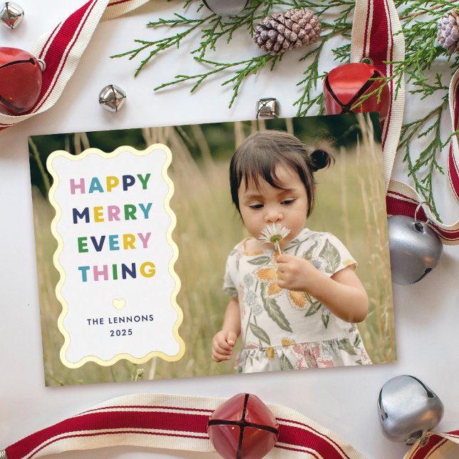 Foil White Happy Merry Wavy Christmas Photo Card (Creator Uploaded)