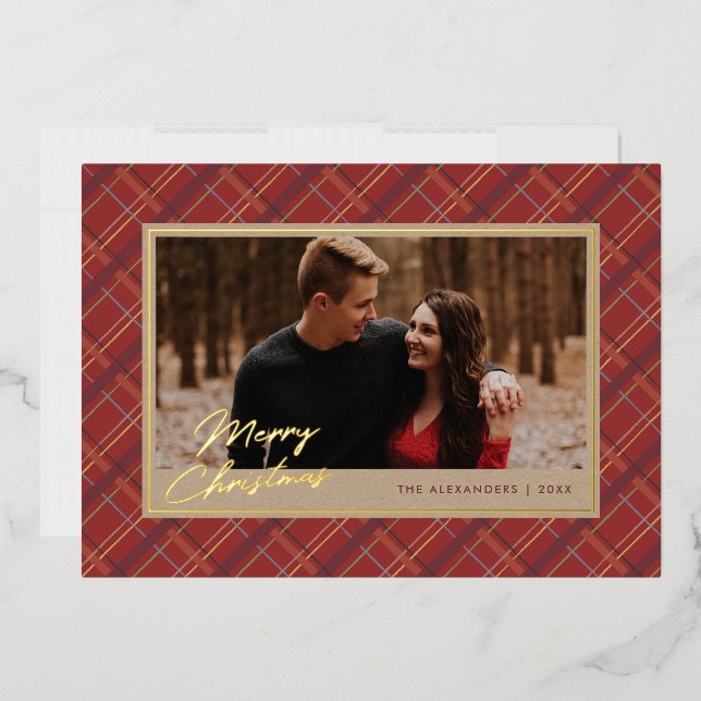 Foil Winter Plaid Christmas Photo Card - Red (Envelope)