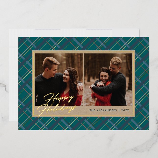 Foil Winter Plaid Holiday 2-Photo Card - Green (Envelope)