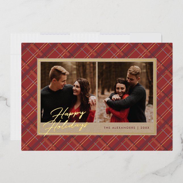 Foil Winter Plaid Holiday 2-Photo Card - Red (Envelope)