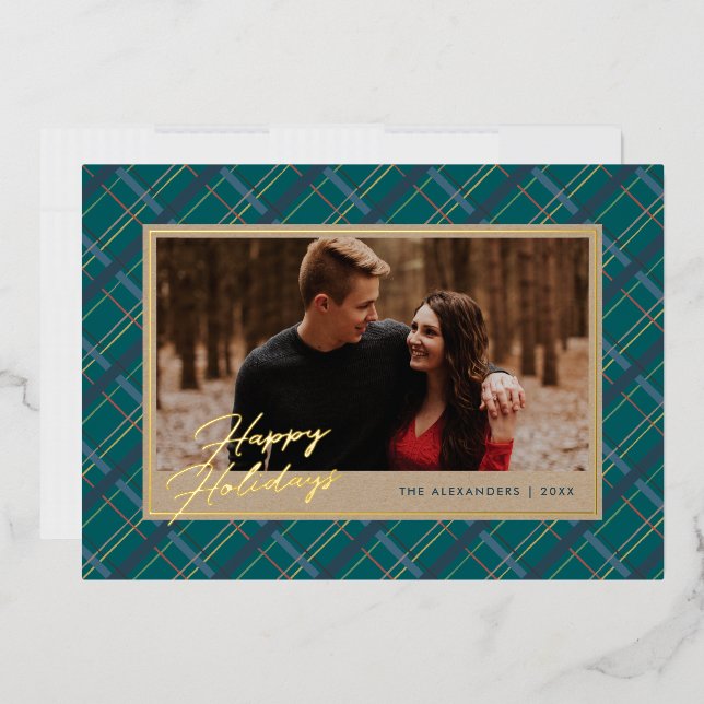 Foil Winter Plaid Holiday Photo Card - Green (Envelope)
