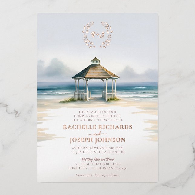 Foiled Watercolor Beach Gazebo Wedding Invitation  (Front)