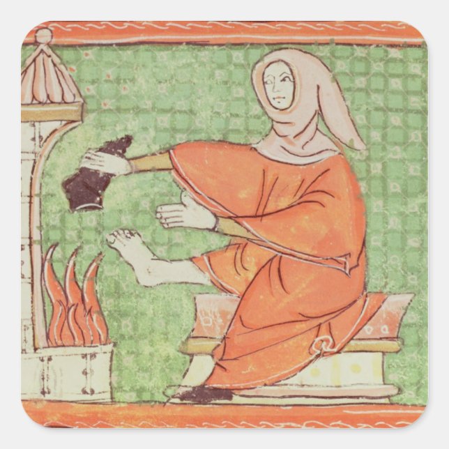 Fol.58r February: Warming by the Fire Square Sticker (Front)