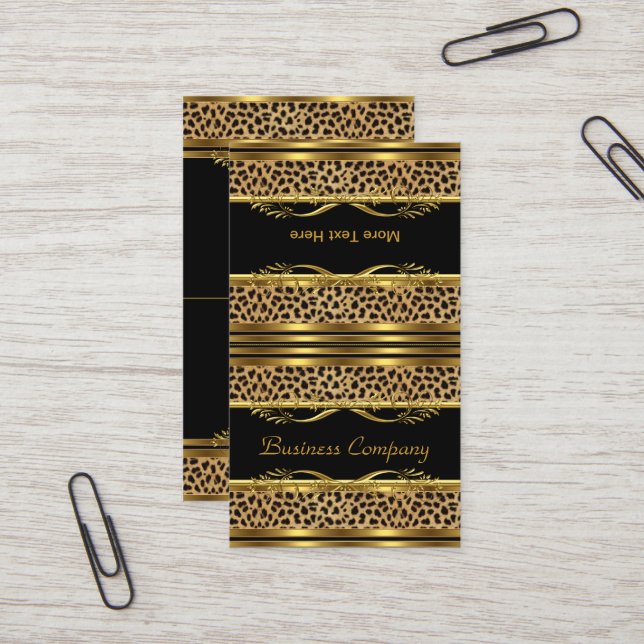 Fold Over Classy Gold Black Leopard Animal Print Business Card (Front/Back In Situ)
